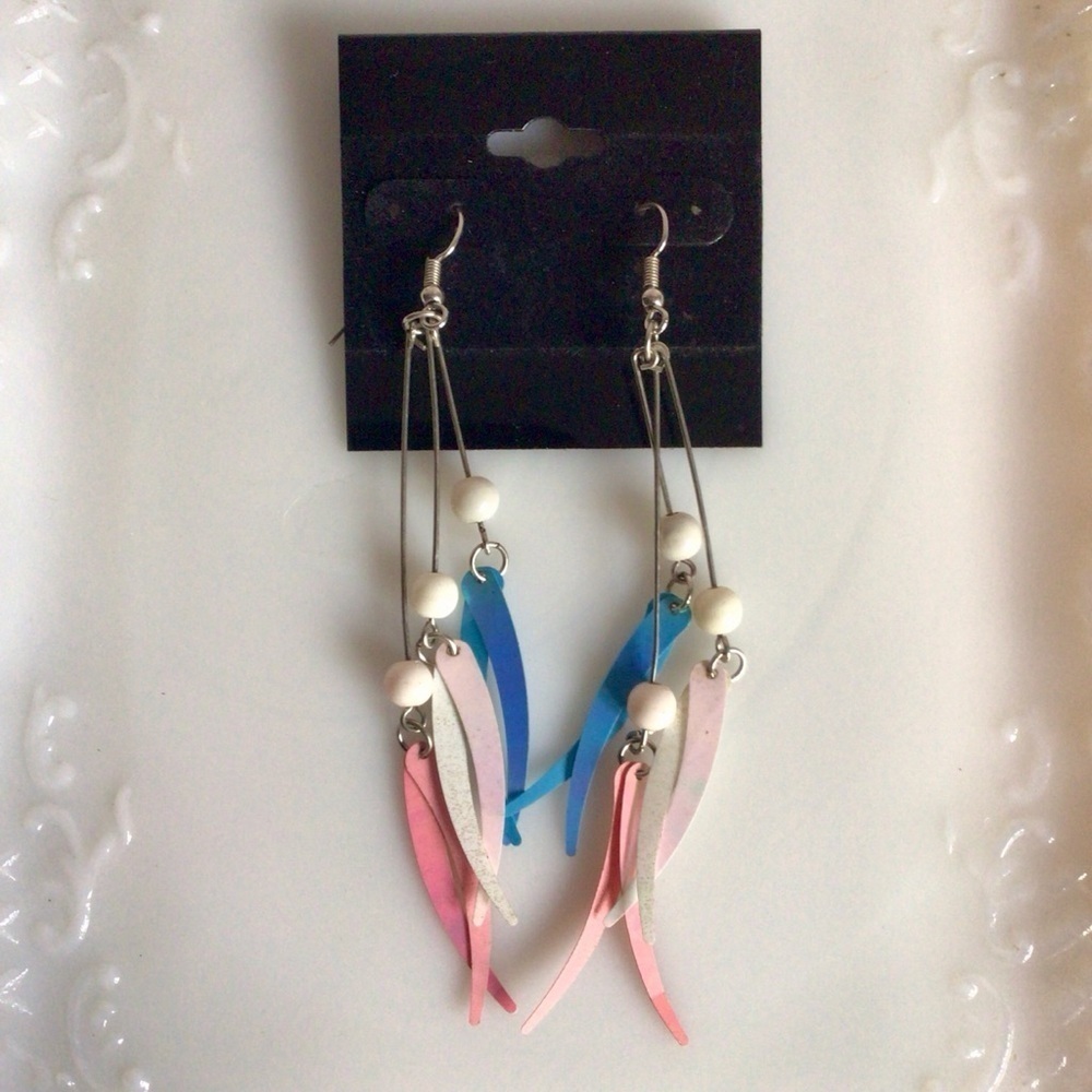 Bohemian Pink and Blue Dangle  Earrings with Beaded Accents